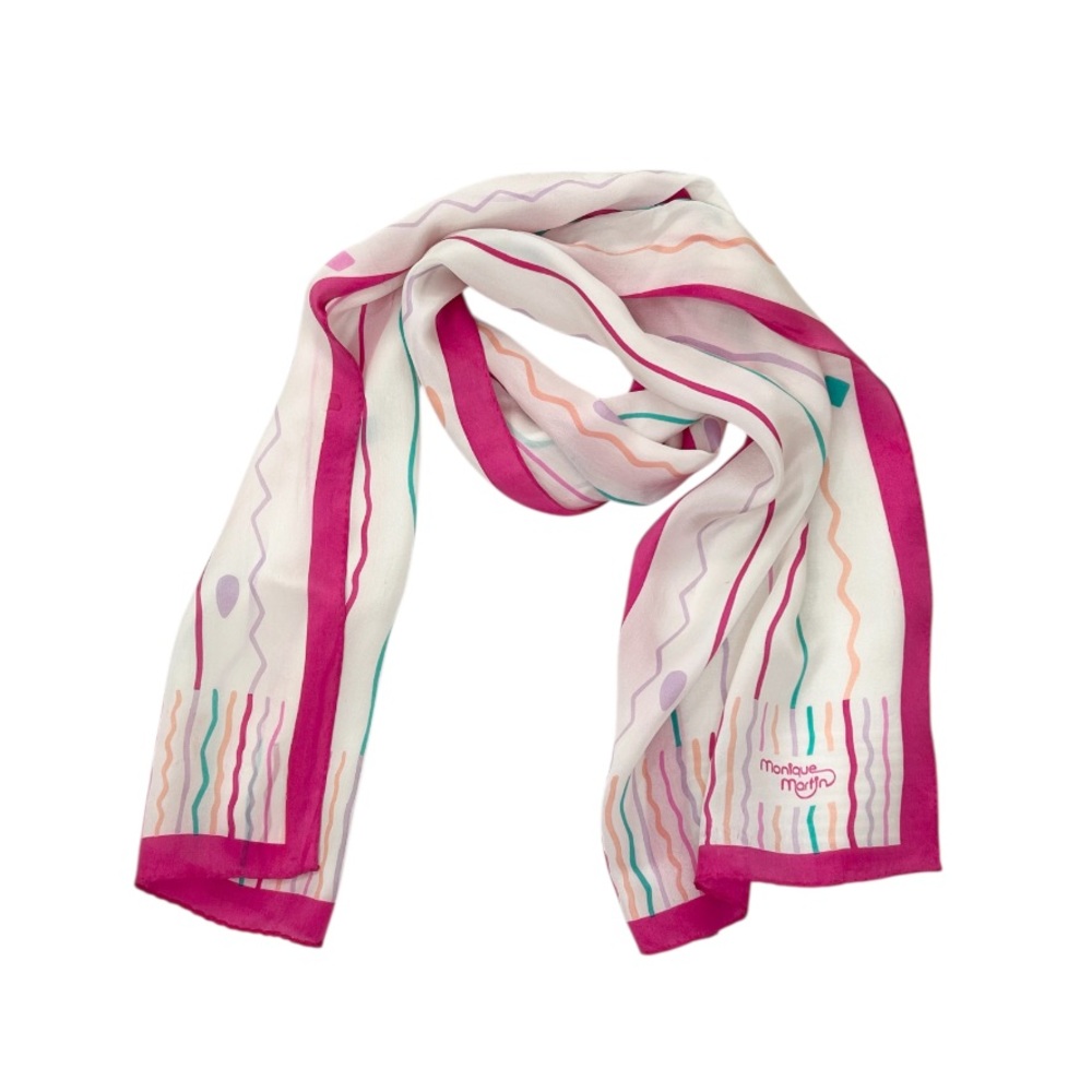 Vintage Monique Martin Silk Pink and White Graphic Scarf
